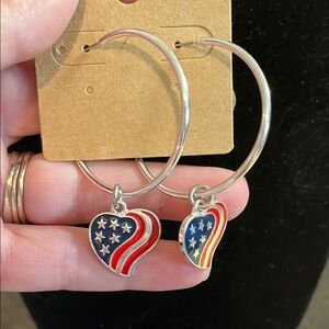 Silver Heart Hoop Earrings with American Flag Design